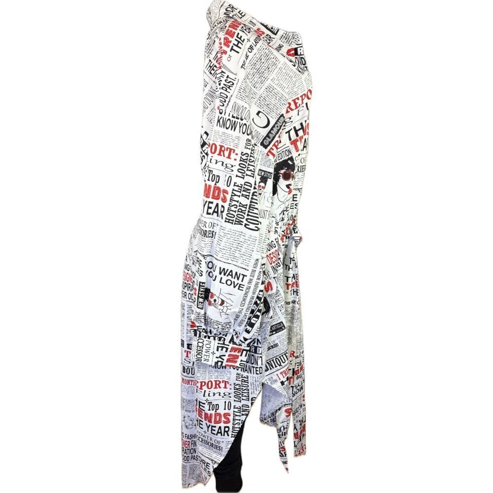 FTF +4X Fashion Newspaper Print Button Collar Belt Long Sleeve Hi-Low Midi Dress - Picture 3 of 6